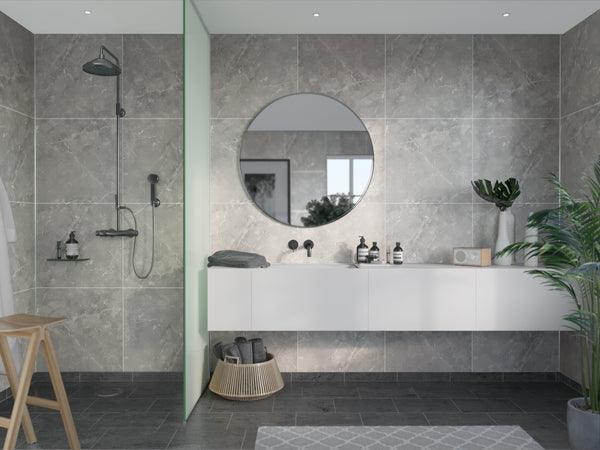 Fibo | Silver Grey Marble Tile Effect Panel 2.4 x 0.6m Tongue & Groove