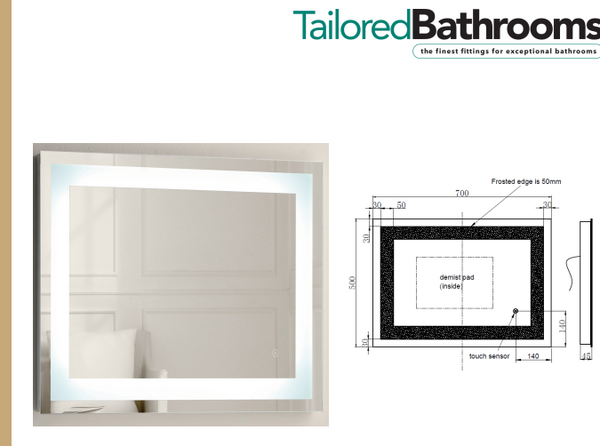 Tailored Bathrooms - Niamh Square Strip LED Touch Mirror with Demister