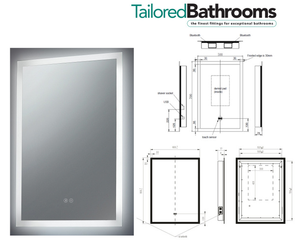 Tailored Bathrooms - Alfie Square Mirror LED Edge with Demister & Shaver Point, Bluetooth & USB Charger