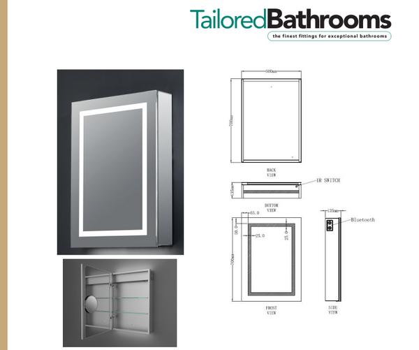 Tailored Bathrooms - Jemima Single Door LED Mirror Cabinet, Bluetooth & Shaver Socket