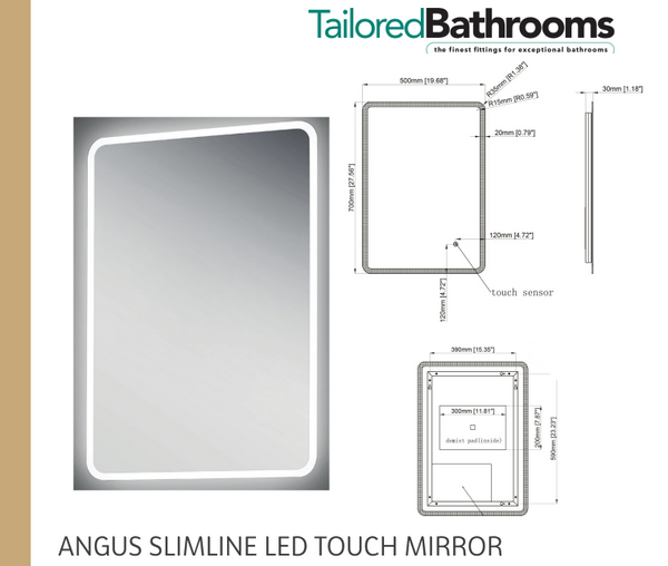 Angus Slimline LED Touch Mirror with Demister | Tailored Bathrooms