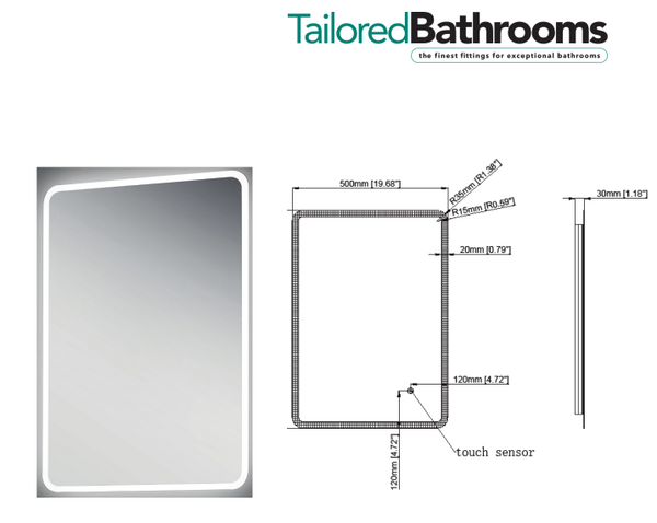 Tailored Bathrooms - Willow Slimline LED Touch Mirror with Demister, Bluetooth & Shaver Point