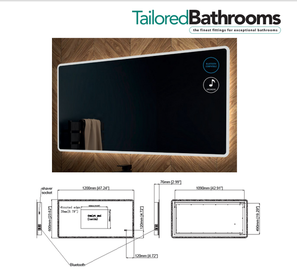 Tailored Bathrooms - Molly LED Touch Mirror with Demister, Bluetooth & Shaver Point