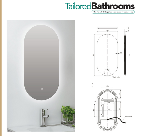 Tailored Bathrooms - Raffy Oval Backlit LED Touch Mirror with Demister