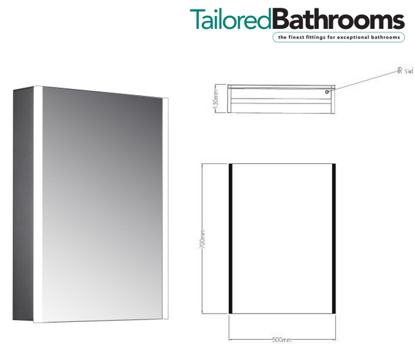 Tailored Bathrooms - Eden Single Door Mirror Cabinet LED Side Strips with Sensor Switch & Shave Socket