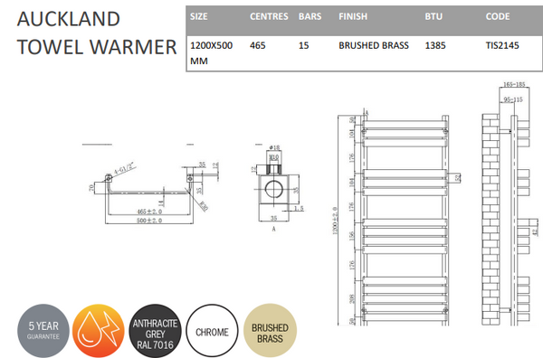 Auckland Brushed Brass Towel Warmer | Tailored Bathrooms