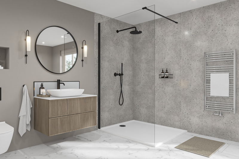 Pewter Terrazzo Elite | Wetwall Bathroom Wall Panels