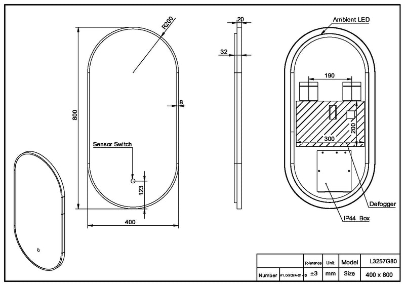 Scudo - Aubrey Led Cloakroom Mirror 400X800mm