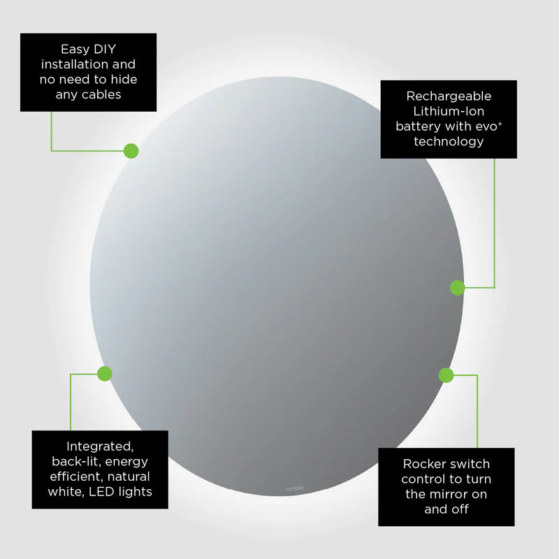 Sensio Lustro Round Illuminated Rechargeable Battery Mirror