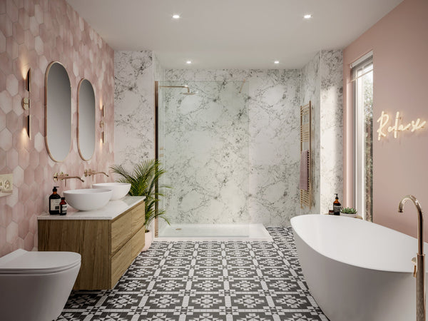 Blanca Luna Multipanel Bathroom Wall Panels in a bathroom setting