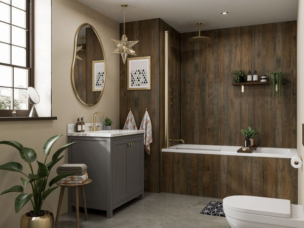 Salvaged Planked Elm Multipanel Bathroom Wall Panels in Bathroom