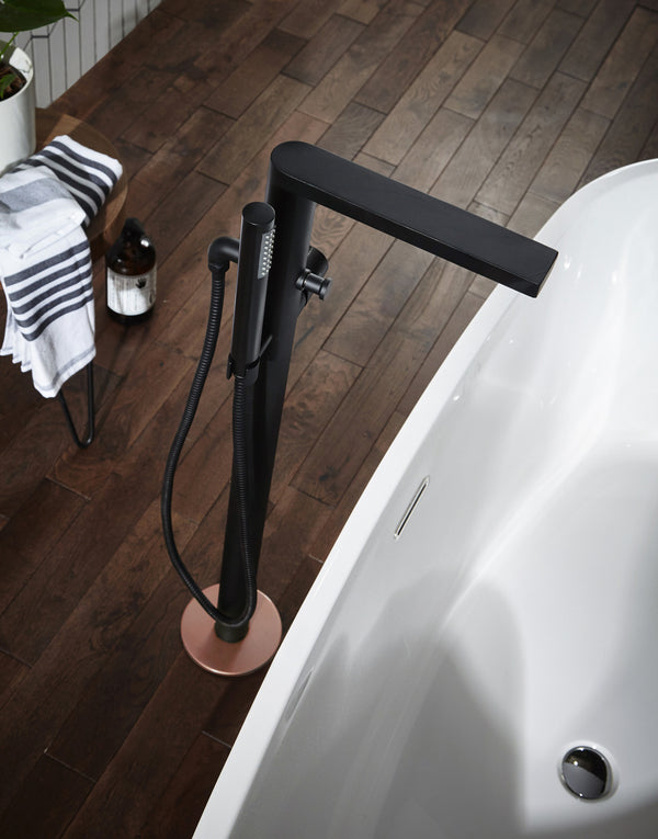 Aqua Velar Freestanding Shower Mixer Bath Tap - Matt Black/Copper